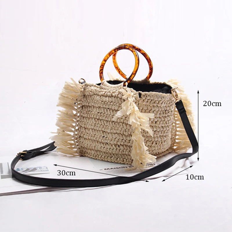 Плетеная соломенная сумка-тоут с кисточками женская сумка ручками янтарного