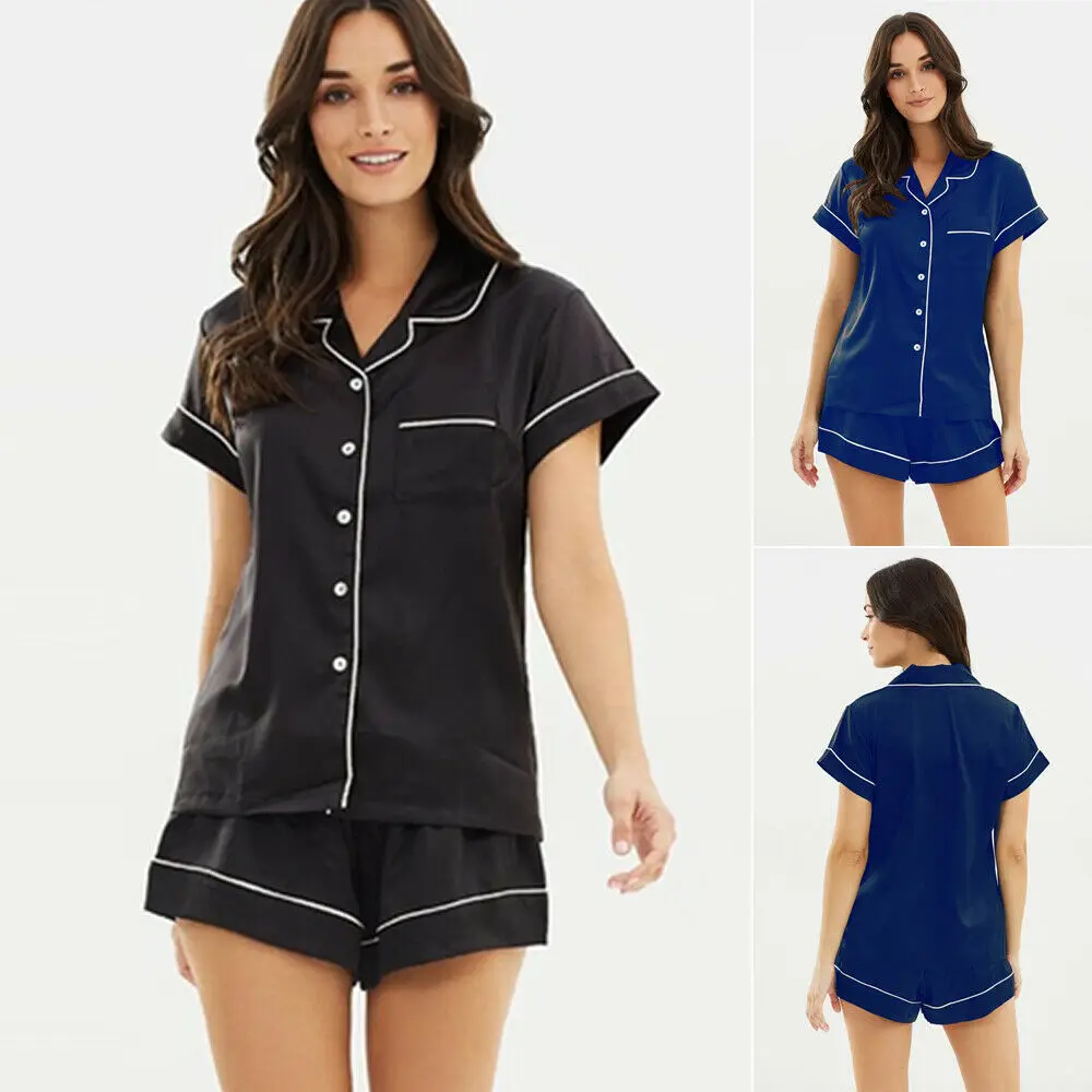 

2pcs/set Women Satin Plain Sleepwear Babydoll Lingerie Nightwear Shorts Pjs Pyjamas Set plus size