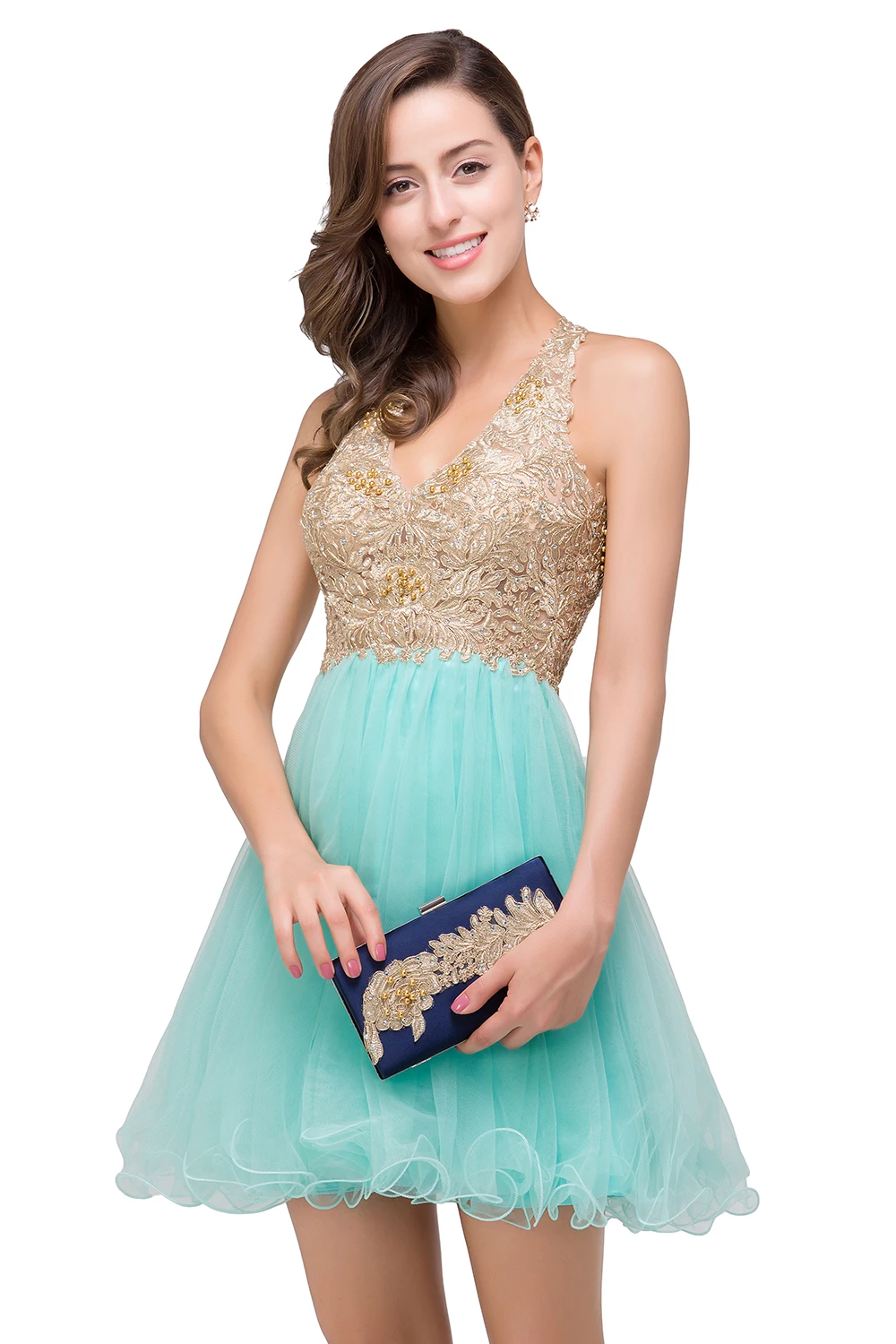 Золотые Аппликации Тюль Зеленая мята коктейльные платья 2017 Короткие Холтер