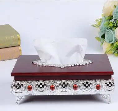 

luxurious hollow wood tissue dispense with Imitation diamond inlay metal napkin holder tissue box covers dispensador papelZJH046