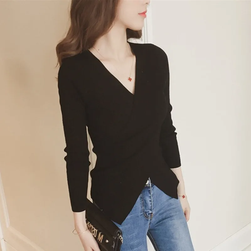 black UHYTGF chompas de mujer para el invierno свитер, вязаный пуловер, Женский Осенний тонкий свитер с длинным рукавом, эластичный сексуальный свитер 550 - Цвет: black
