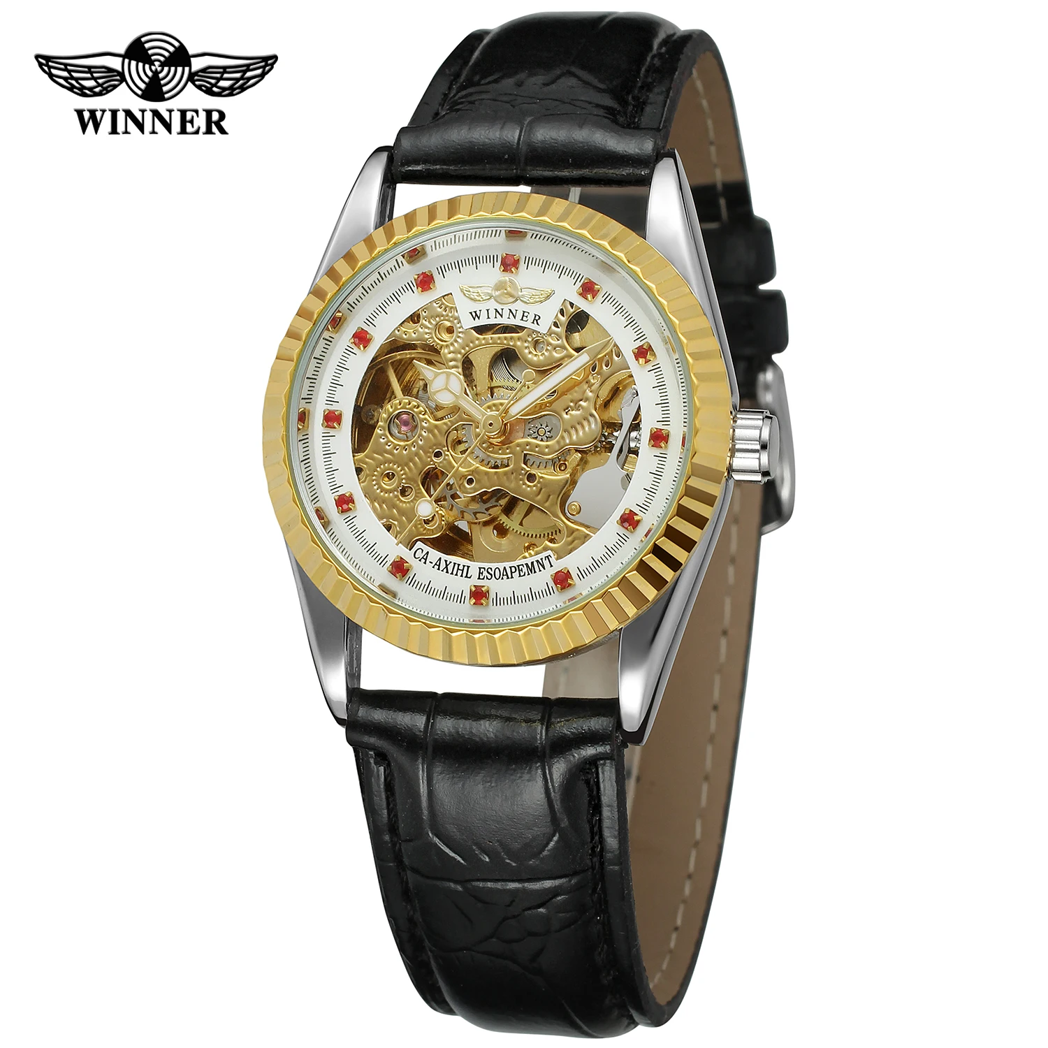 

WINNER Top Brand Women Retro Skeleton Auto Mechanical Watch Leather Strap Luxury Golden Red Gem Decoration Ladies Wristwatches