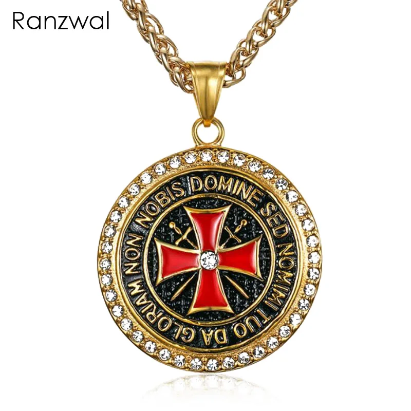 

Ranzwal The Knights Templar Iron Cross Pendant Necklaces for Men Inlay CZ Stone Red Glaze Cross Stainless Steel Necklace