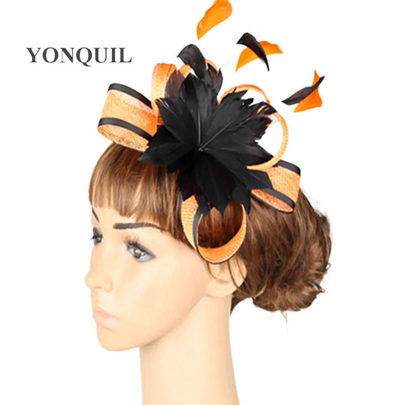 Sinamay Fascinator Headwear Feather Flower Occasion Show Hair Accessories Red Millinery Cocktail Hat Wedding Headpieces 21 Color