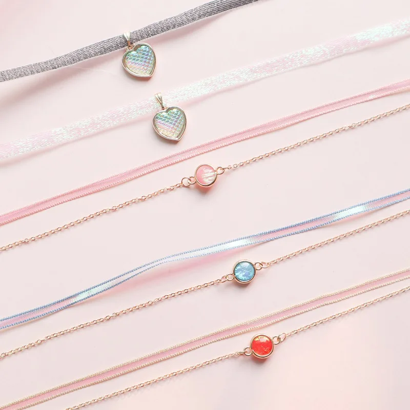 Sweet Pink Crystal Necklace for Women Korean 5 Color Fashion Simple Layered Short Chain Alloy Accessories Jewelry Gift | Украшения и