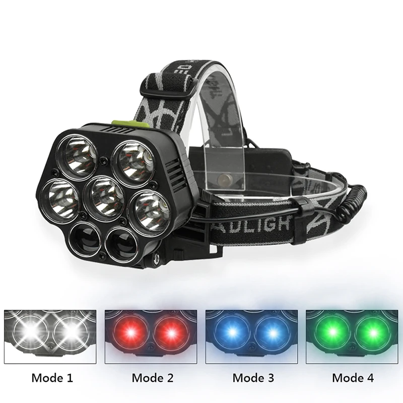 Головной фонарь для рыбалки красные белые налобный xml t6 7led фары 18650 прожектор