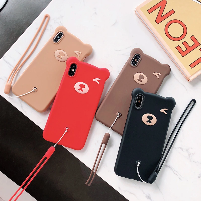 Милый медведь чехол для телефона iPhone X/XR/XS MAX Мягкий силиконовый с ремешком