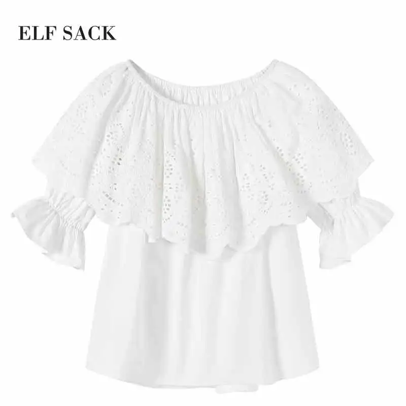 ELFSACK stylish Summer Women Cotton Short Casual Lace Chiffon Blouses Slash Neck Lantern Sleeve Female Solid Top Blouse|Блузки| |
