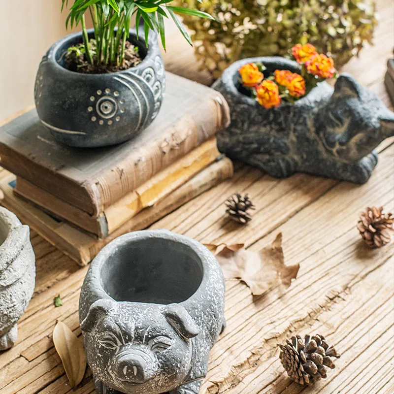 Creative Concrete Pig Fish Cat Rabbit Sculpture Statue Succulent Plant Container Green Planters Small Bonsai Pots Home Decor