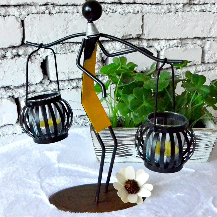 

Girl Carrying Candle Holders Table Ornaments Iron Candlestick Hanging Lantern Metal Creative Crafts Home Decoration