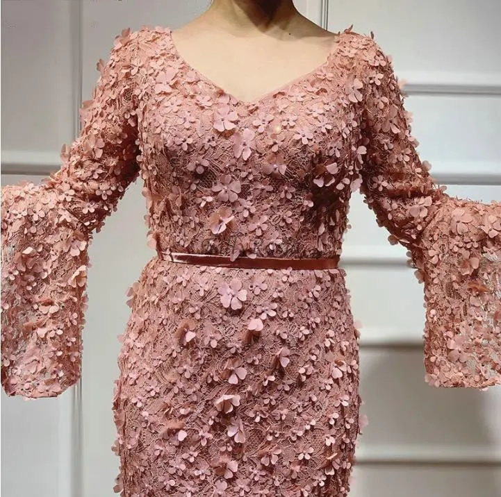 picture color Dusty Rose Pink Trumpet Long Sleeve Prom Dresses Mermaid V Neck Lace 3D Flowers Elegant vestidos de Gala Dresses Ladies Party - Цвет: picture color