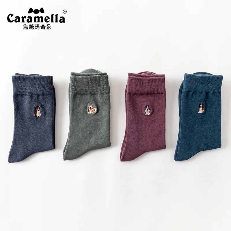 Caramella/4 пар/лот, мужские носки для мальчиков с рисунком щенка, хлопковые носки до середины икры, Осень-зима, теплые одноцветные