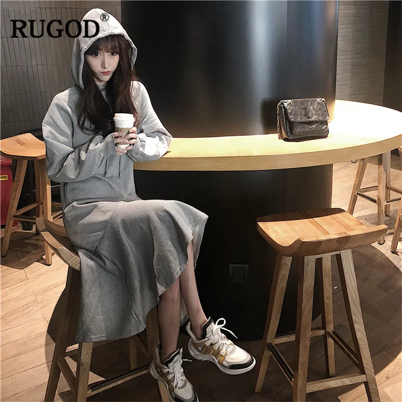 RUGOD/модное повседневное женское платье с длинным рукавом и капюшоном однотонное