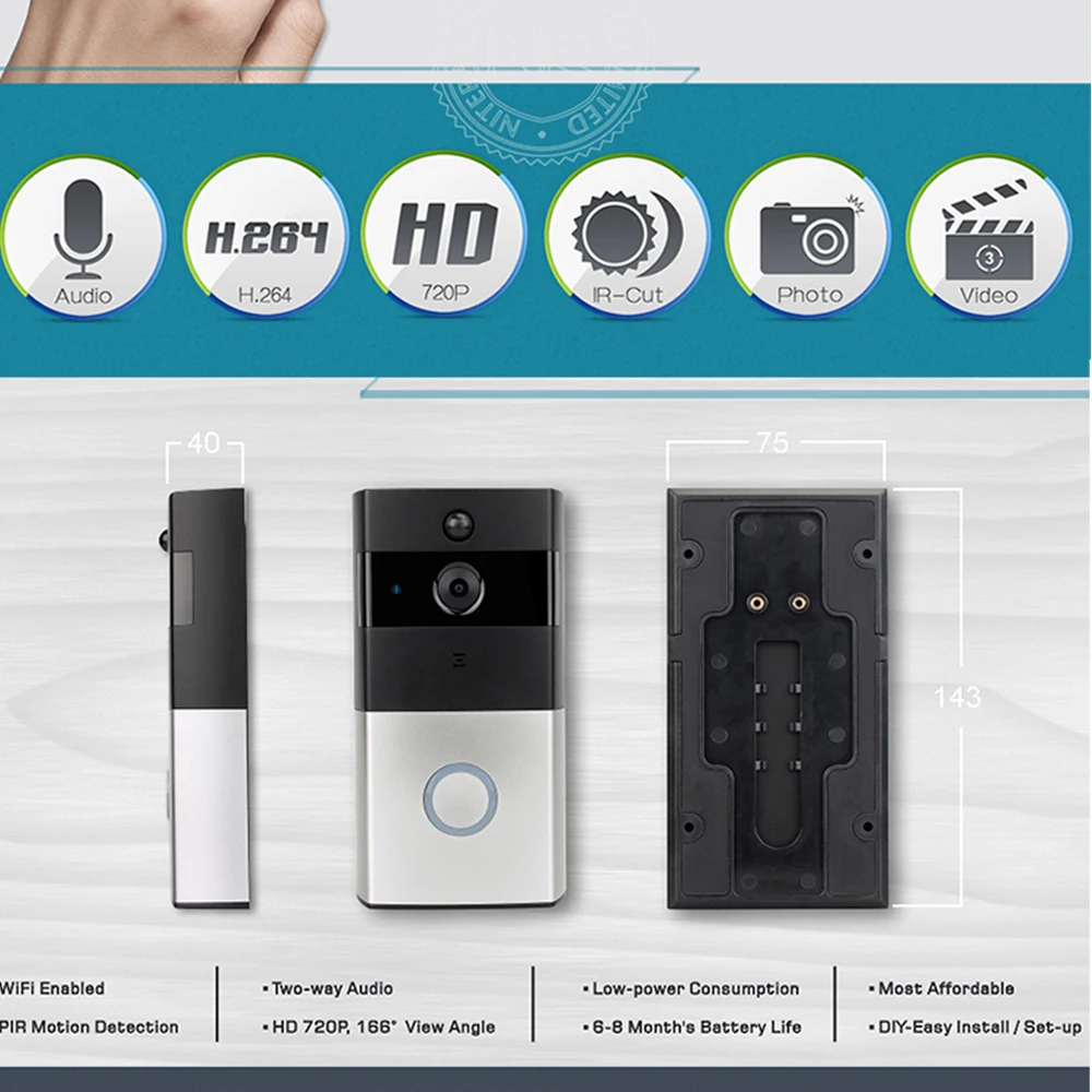 Ip-камера 720 P, умный, wifi, дверной звонок, беспроводной видео-телефон, дверной телефон, ночное видение, двухстороннее аудио, водонепроницаемый, для домашней безопасности, детский монитор