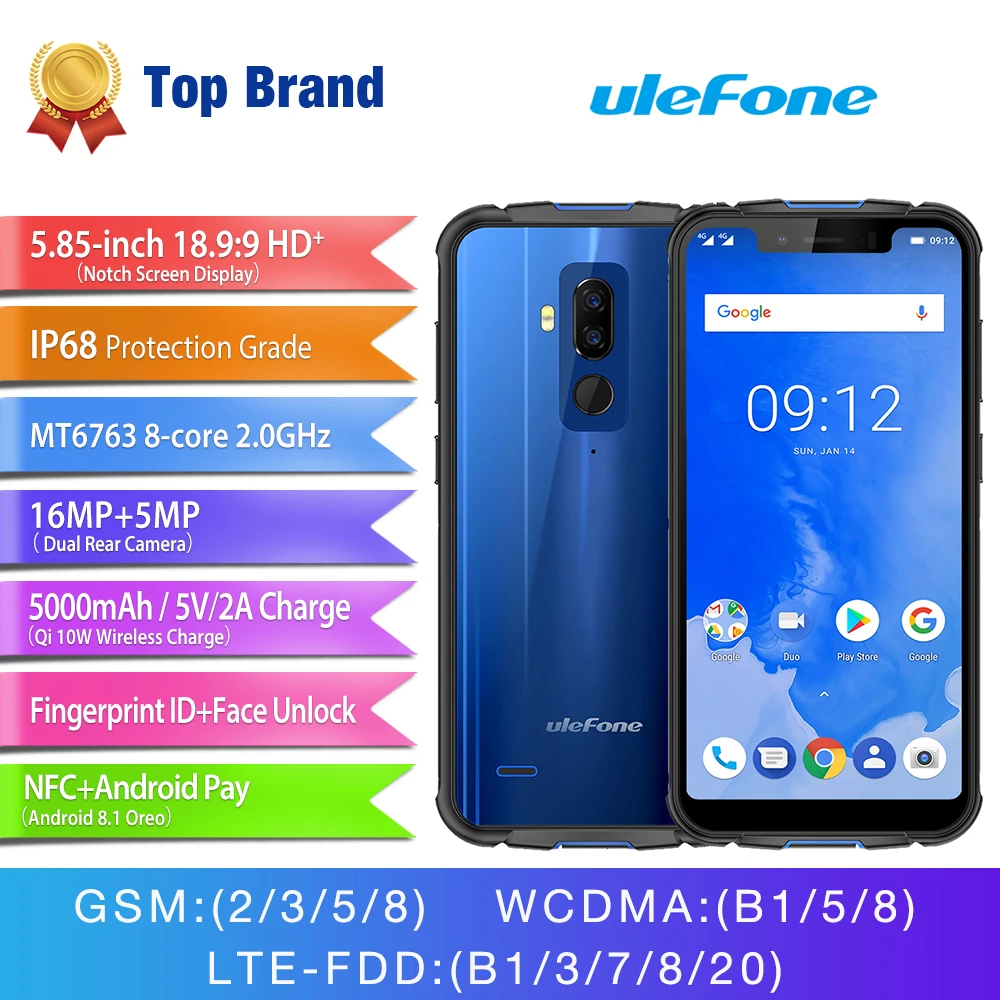 Ulefone Броня 5 IP68 Водонепроницаемый Беспроводной заряжать смартфон 85 &quotHD + MT6763 Octa Core