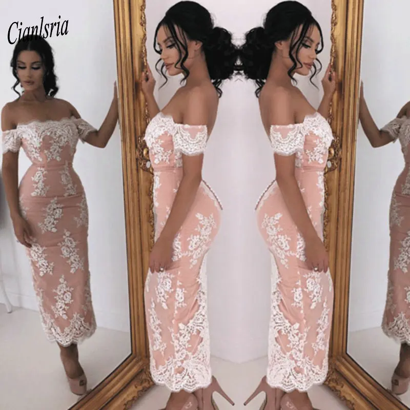 

Off The Shoulder Tea-Length Evening Dress 2020 Appliques Lace Dubai Arabic Short Formal Evening Dresses Plus size robe de soiree