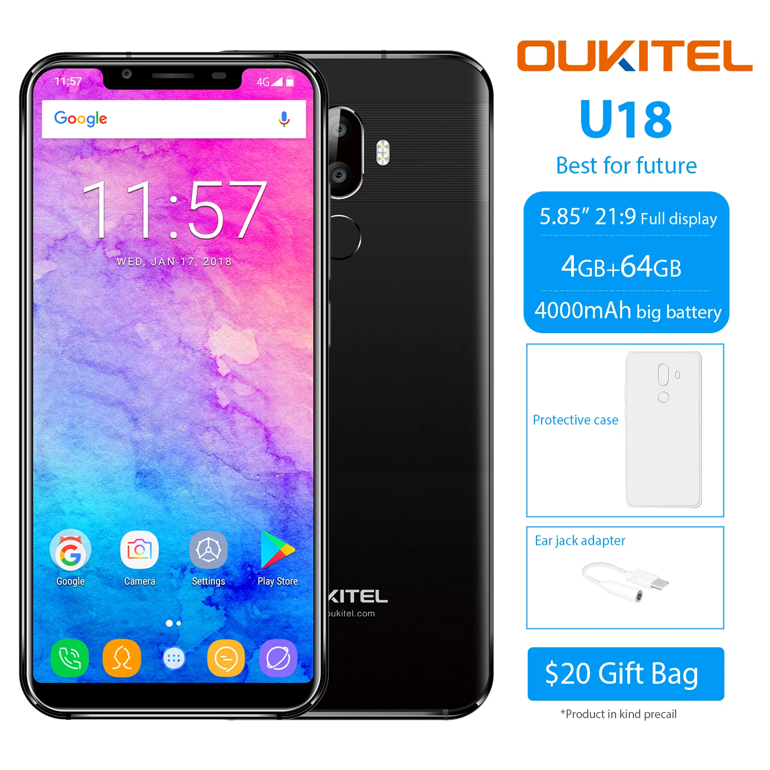 Oukitel U18 5 85 дюймов 21:9 полный экран Face ID смартфон 4 ГБ + 64 4000 мАч батареи MT6750T Octa core Android
