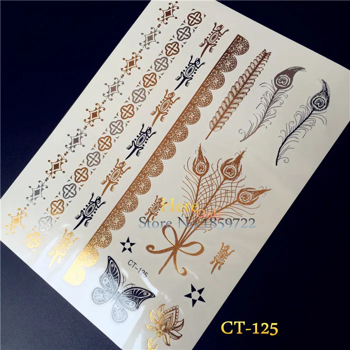 1PC Indian Women Henna Gold Metallic Tattoo Peacock Feather Flash Gecko Bracelet Lace Arm Chain Temporary Stickers | Красота и