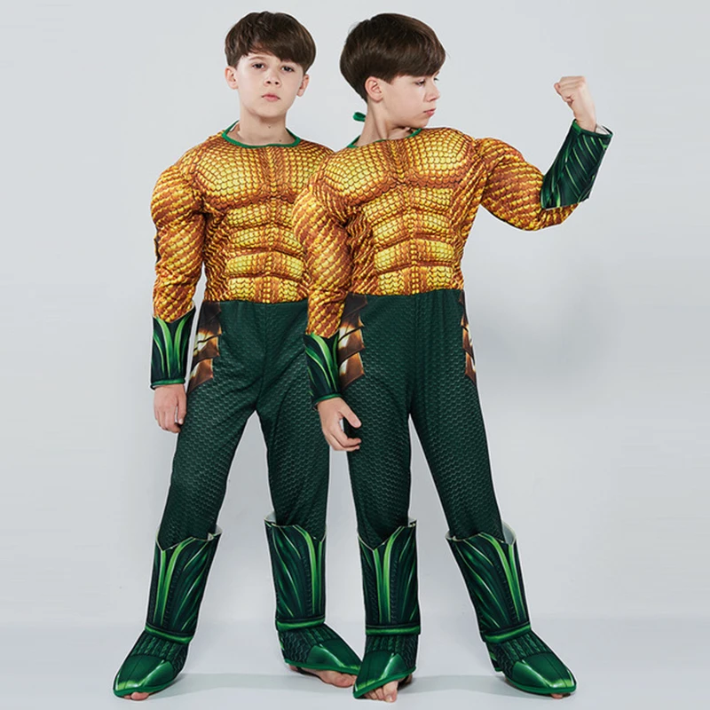 Новый детский костюм для косплея Aquaman золотой комбинезон с мышцами мальчиков