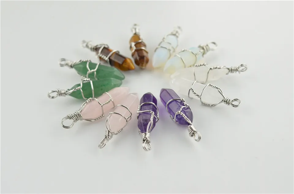 Wholesale Gold &amp Silver Cover Crystal Point Pillar Charm Prism Trendy Natural Stone Pendant for Necklaces Jewelry Making 24PCS |