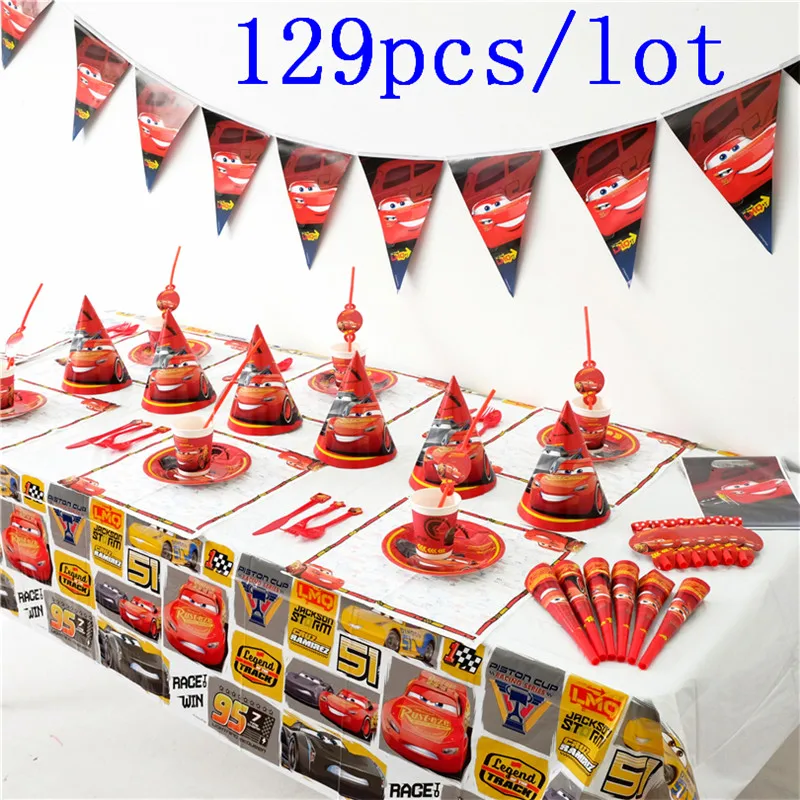 

High Quality Disney Cars Cup Plate Napkin Kid Birthday Horns Banner Lightning McQueen Tableware Set Decoration Supply 129Pcs/lot