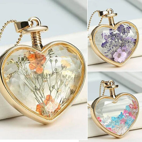 Женское Сердце Love Charm кулон с высушенным цветком колье Золотая цепь подарок