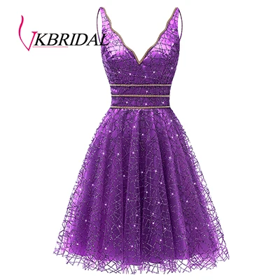 Grape VKbridal/блестящее мини-платье с глубоким v-образным вырезом и кристаллами для выпускного вечера, сверкающие платья для выпускного вечера, короткие платья для девочек - Цвет: Grape