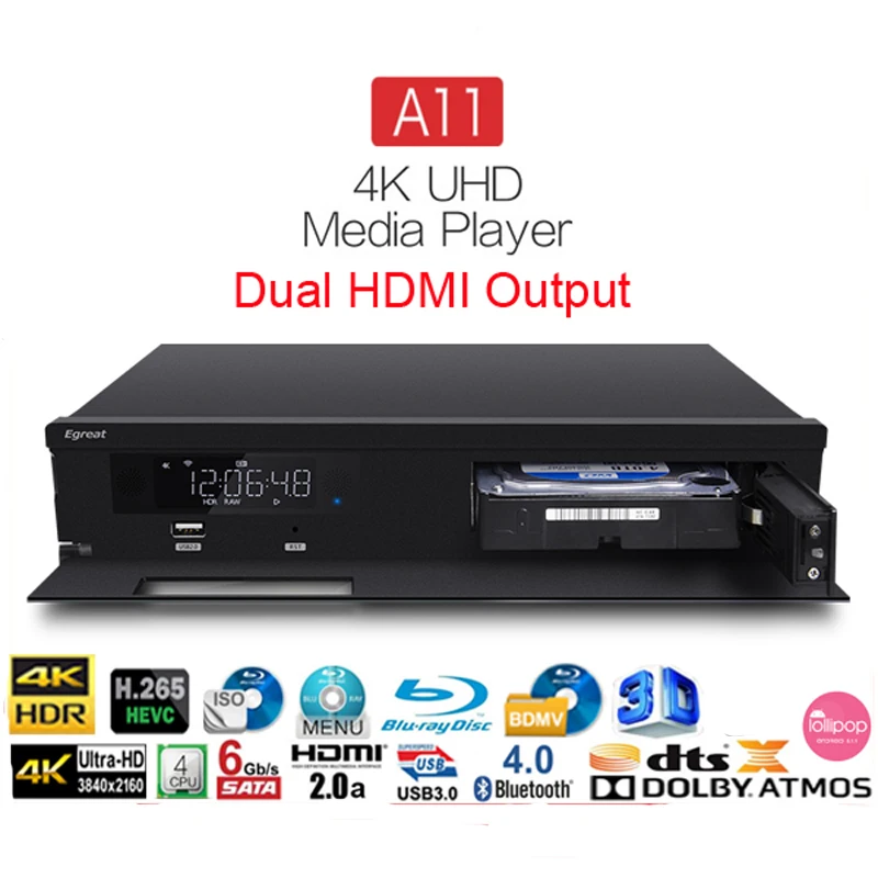 Egreat A11 в формате 4 K UHD, медиа-Player2G/16G 2T2R WI-FI Gigabit LAN Blu-Ray 3D Dolby атомов DTS X Видон 2 HD Порты новее Egreat A10
