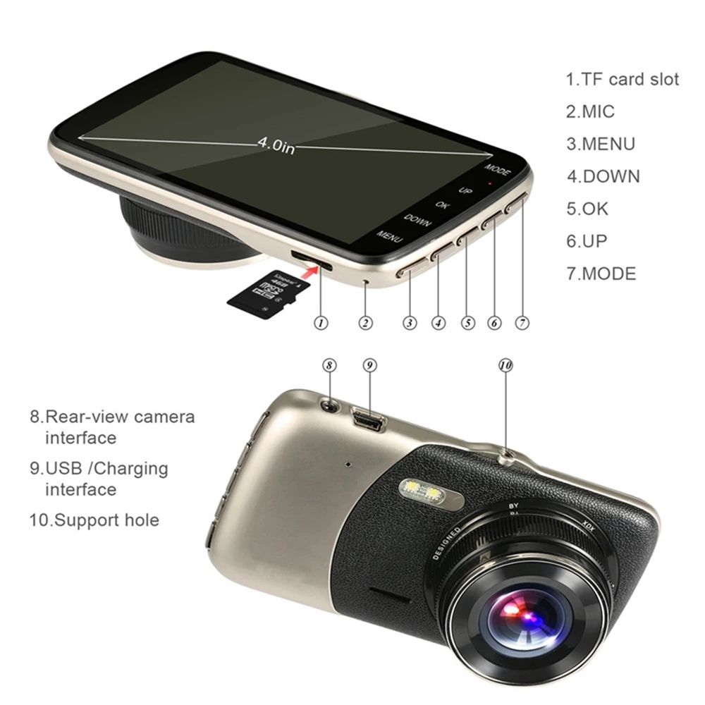 E-ACE B07 FHD 1080P Dashcam 4 0 дюймов ips Автомобильный видеорегистратор двойной объектив
