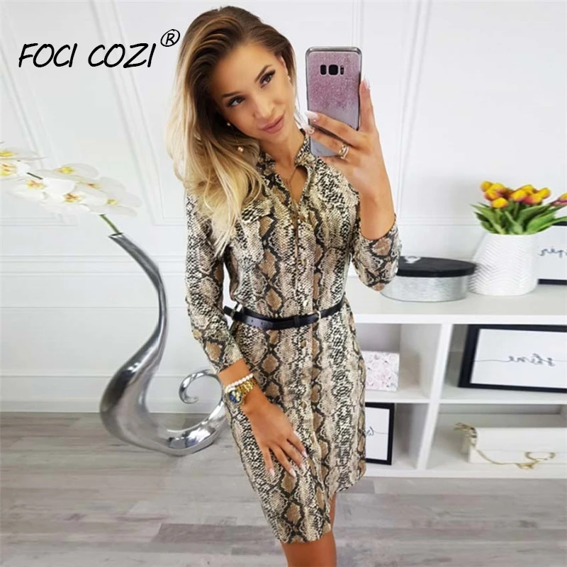 

Snake Print Dresses With Female Belt Single-breasted Women Clothes 2019 Trend Ladies Casual Dresses Snake Skin Dress Summer