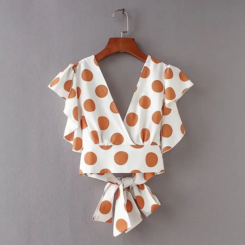 Женский короткий топ в горошек boho с бантом и рукавом-фонариком открытой спинкой