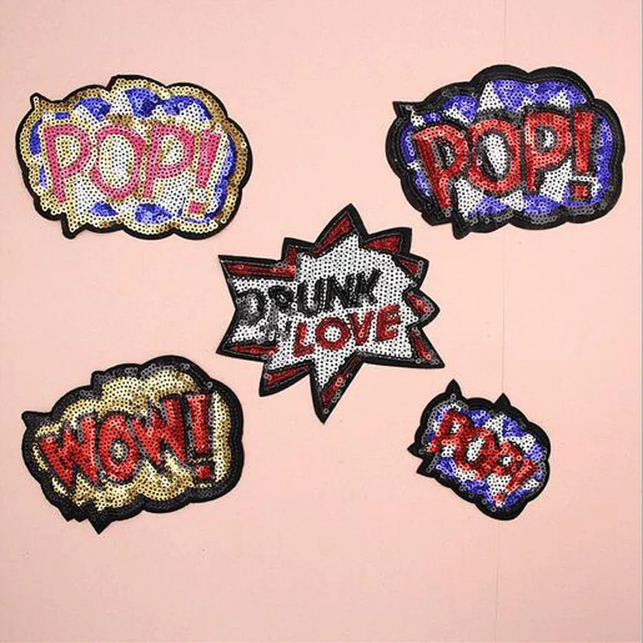 Пайетки с вышивкой POP WOW LOVE нашивка для одежды наклейки сумка Приклеивание утюгом