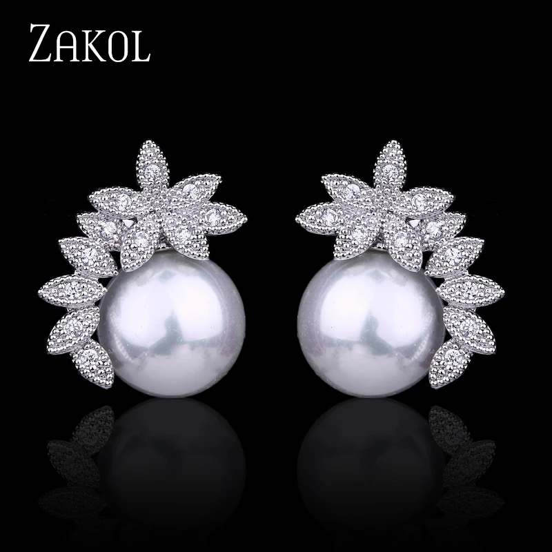 Женские серьги пусеты ZAKOL элегантные с искусственным жемчугом и цирконием