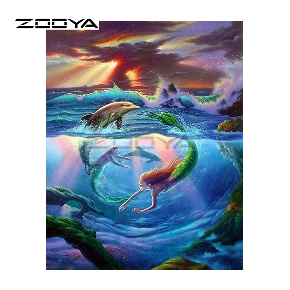 ZOOYA 5D DIY Алмазная вышивка Океанский закат Дельфин Русалка алмазная живопись