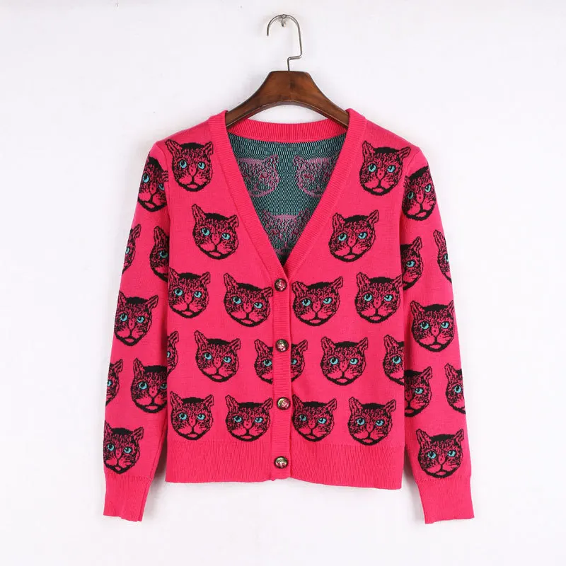 2018 fashion Winter Cat Head Pattern Vintage Oversized Sweater Jacket Jersey Luxury Wool Knit Jumper Runway Designer Cardigan |