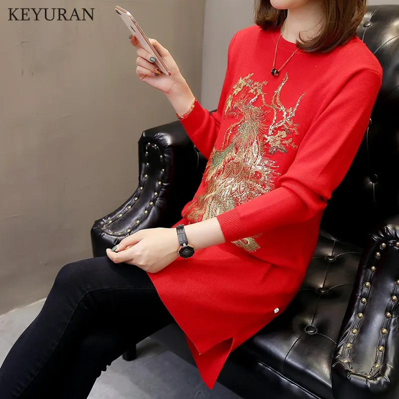 2018 осень-зима Новая мода павлин вышивка блестками Для женщин Вязание свитера