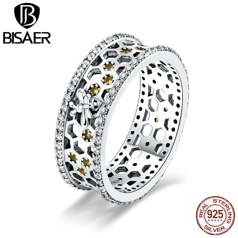 BISAER 925 пробы Серебряное пчелиное кольцо на палец для женщин соты и пчела коктейльное кольцо Свадебные подлинные серебряные ювелирные изделия ECR391