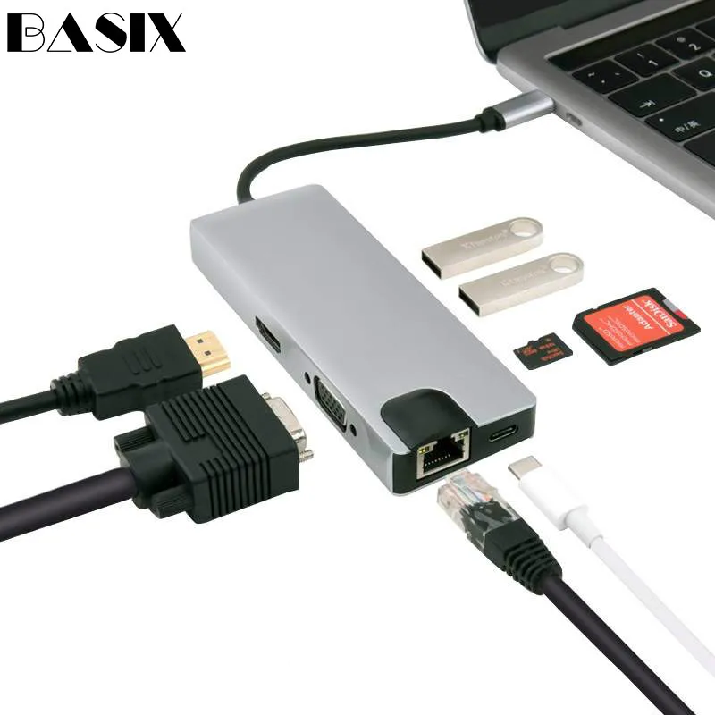 

Basix USB C Hub To HDMI 4K USB 3.0 Port SD/TF Card Reader VGA RJ45 Gigabit Ethernet Type C HUB for Macbook Pro Huawei P20 Pro