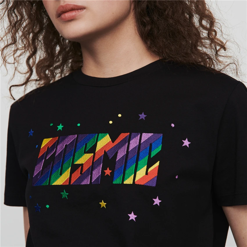 Осень новая постепенная радуга цвет буквы и звезды emnroidery Женская Повседневная футболка