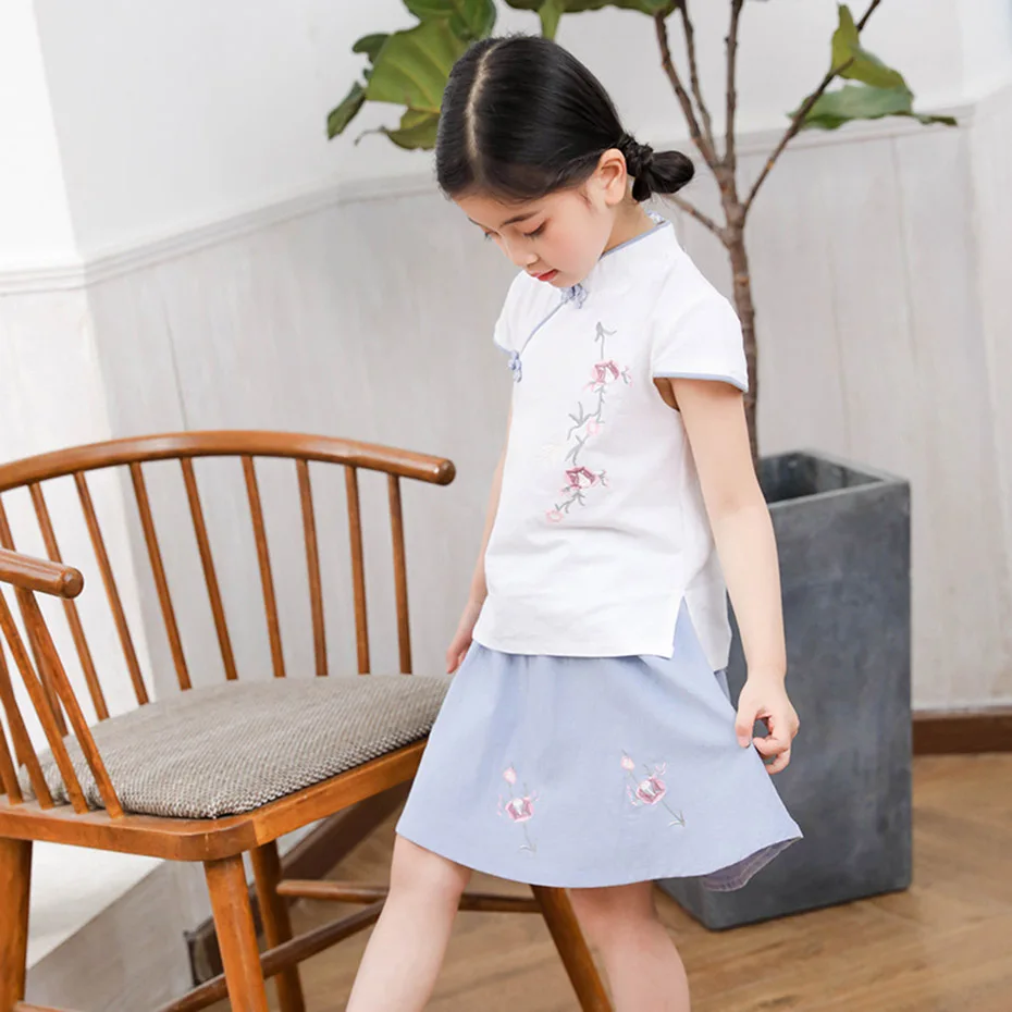 Одежда для девочек рубашка с цветочной вышивкой + юбка детская одежда из 2