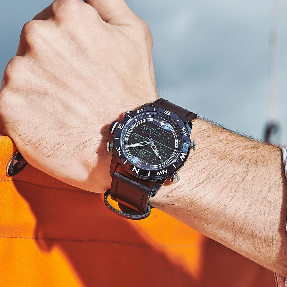 

New NAVIFORCE Brand Fashion Blue Men Sport Watches LED Analog Digital Watch Army Military Leather Quartz Watch Relogio Masculino