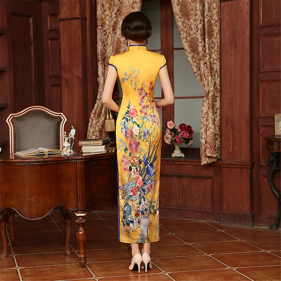 2018 китайское свадебное платье с длинным рукавом Cheongsam желтого цвета традиционное