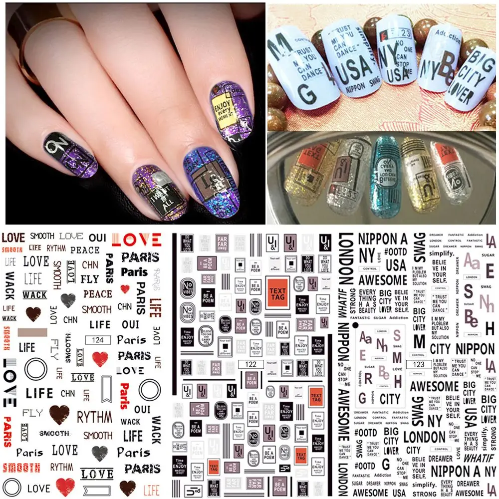1 с буквами на листе слова шаблон стикеры 3D ногти Nail Art Клей ногтей Советы Наклейка
