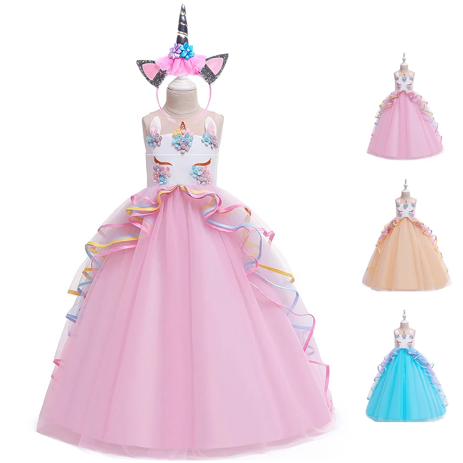 

Длинное свадебное платье для девочек YOFEEL, детское многослойное бальное платье с единорогом и цветами