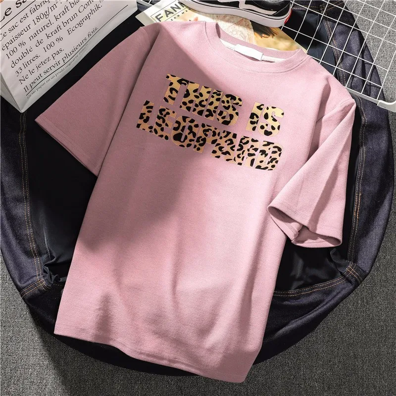 Летняя футболка в Корейском стиле с леопардовыми буквами женские белые