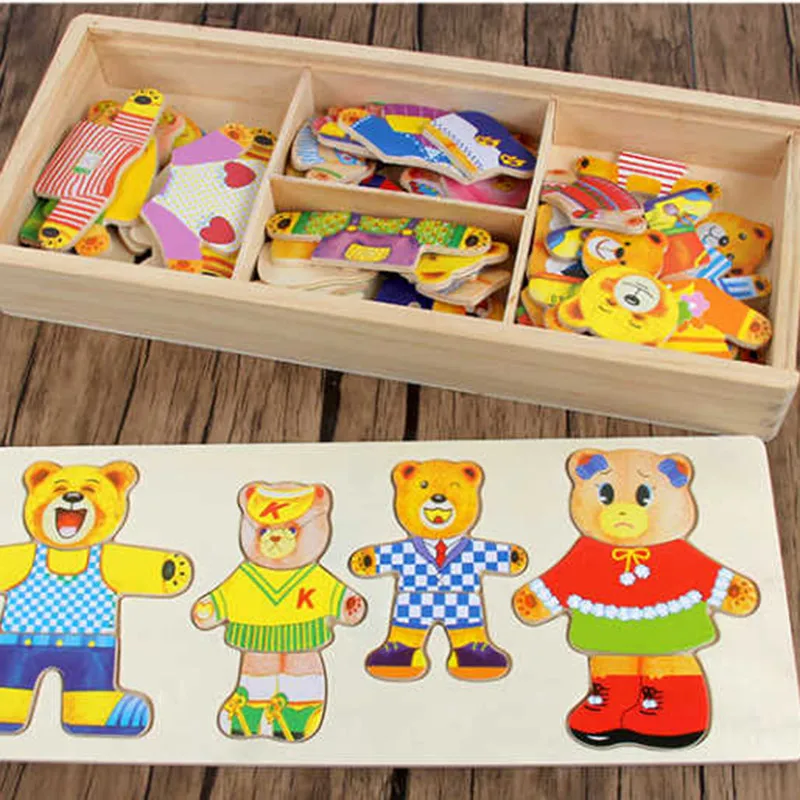 Детский набор деревянных головоломок развивающие игрушки с медведем одежда для