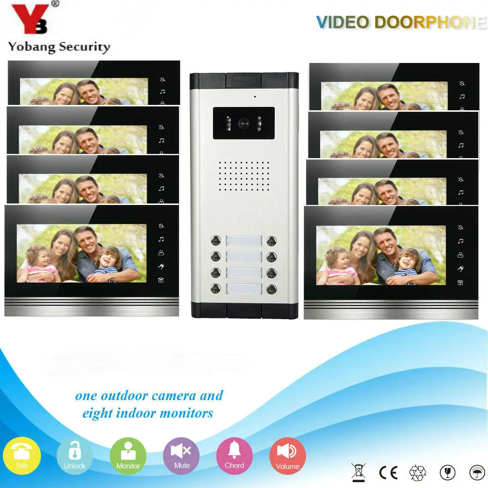 

Yobang Security 7-дюймовый HD видеодомофон, система входной двери квартиры, 8 мониторов, 1 дверной звонок, камера, 8 кнопок, оптовая продажа