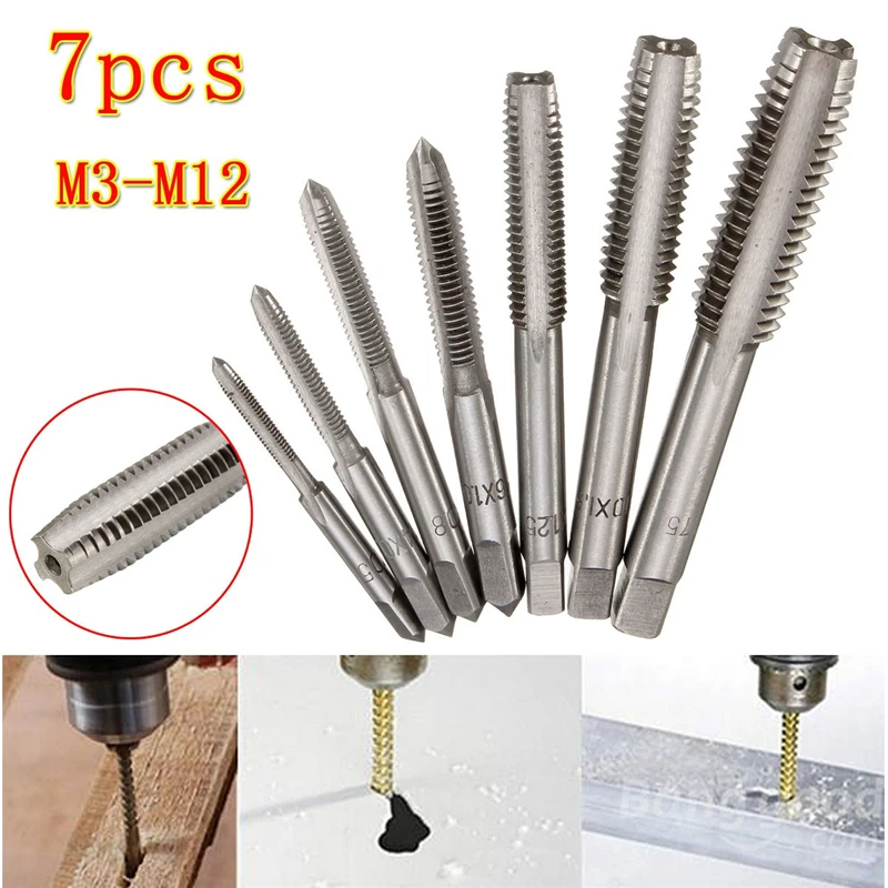 7 шт./компл. HSS M3 для M12 Метрическая правая рука машина прямой рифленая кран с винтовой резьбой комплект метрической зажигания Нажмите сверла набор ручных инструментов