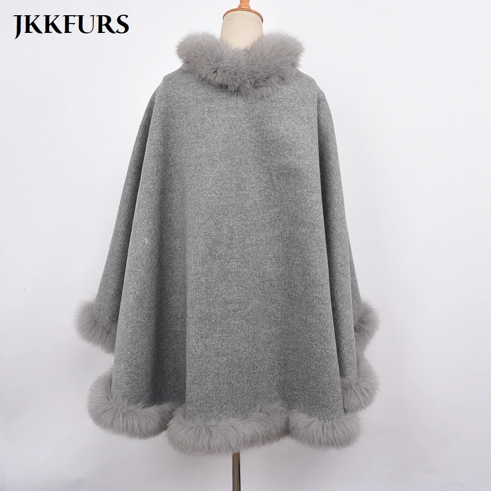 JKKFURS натуральный Лисий Мех обертывания женские зимние шарфы кашемировый шарф бросок пончо теплая Мода и шерстяной плащ съемный с капюшоном S1723