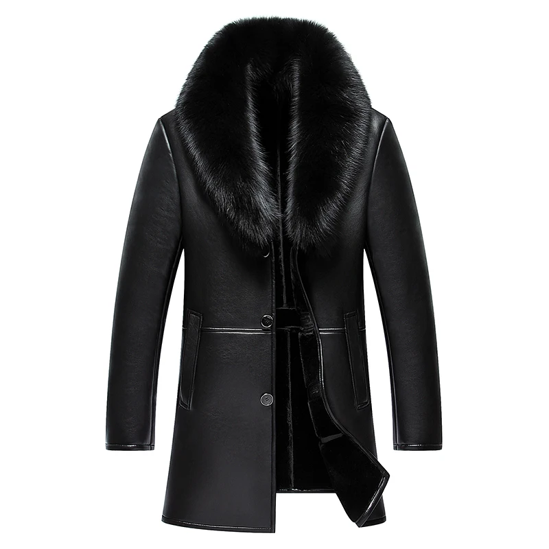 

New Arrival Long Real Big Fur Collar Men's Winter Leather Jacket High Quality Thick Warm Leather Men Coat